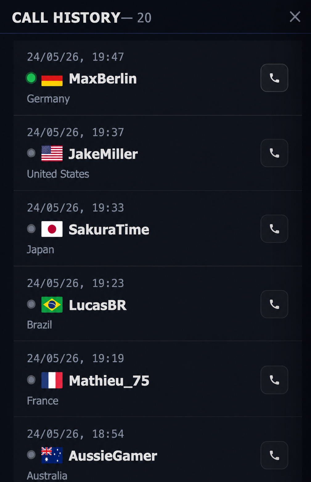 Call history with friends list — ring back or send a DM any time