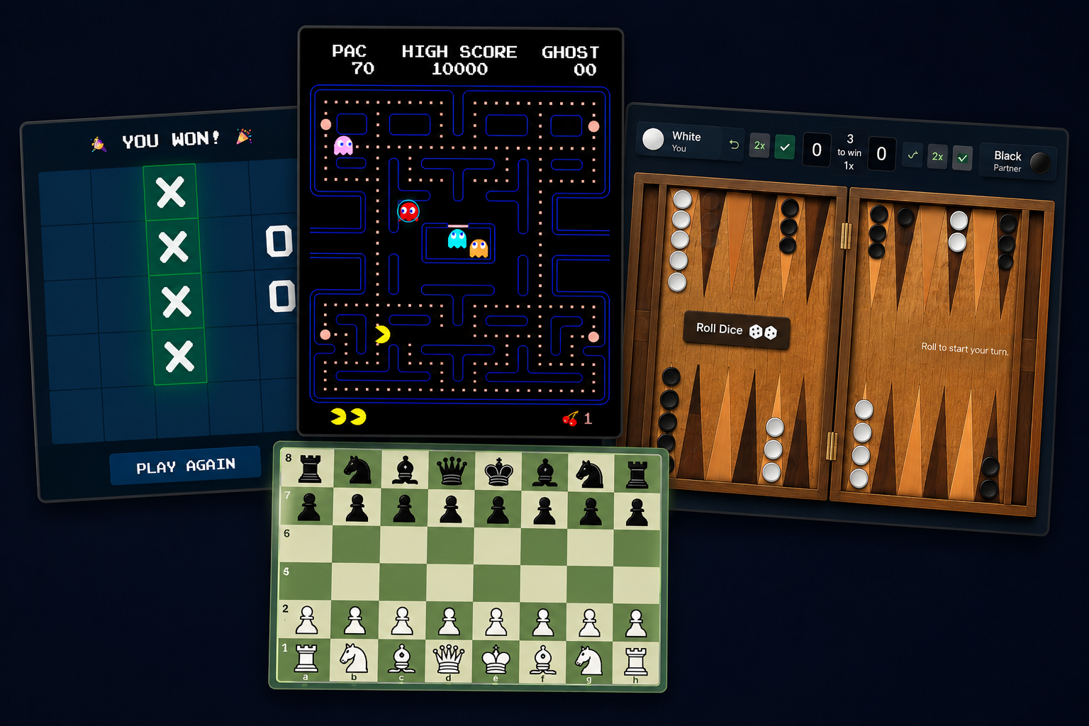 In-app games including chess, backgammon, battleships and more